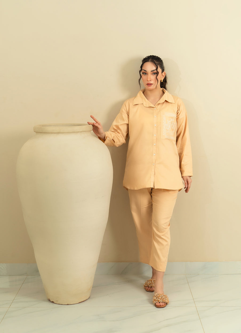 Embroidered Co-Ord Set - Beige