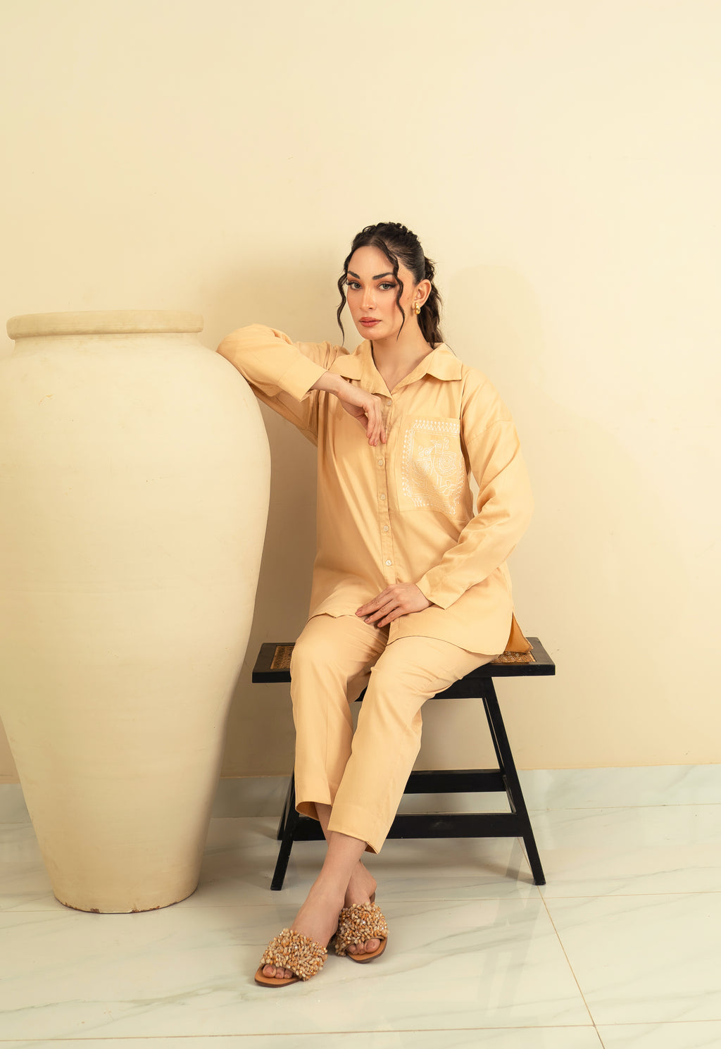 Embroidered Co-Ord Set - Beige