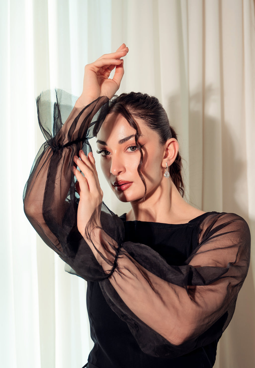 Organza Long Sleeve Bodycon Dress - Black