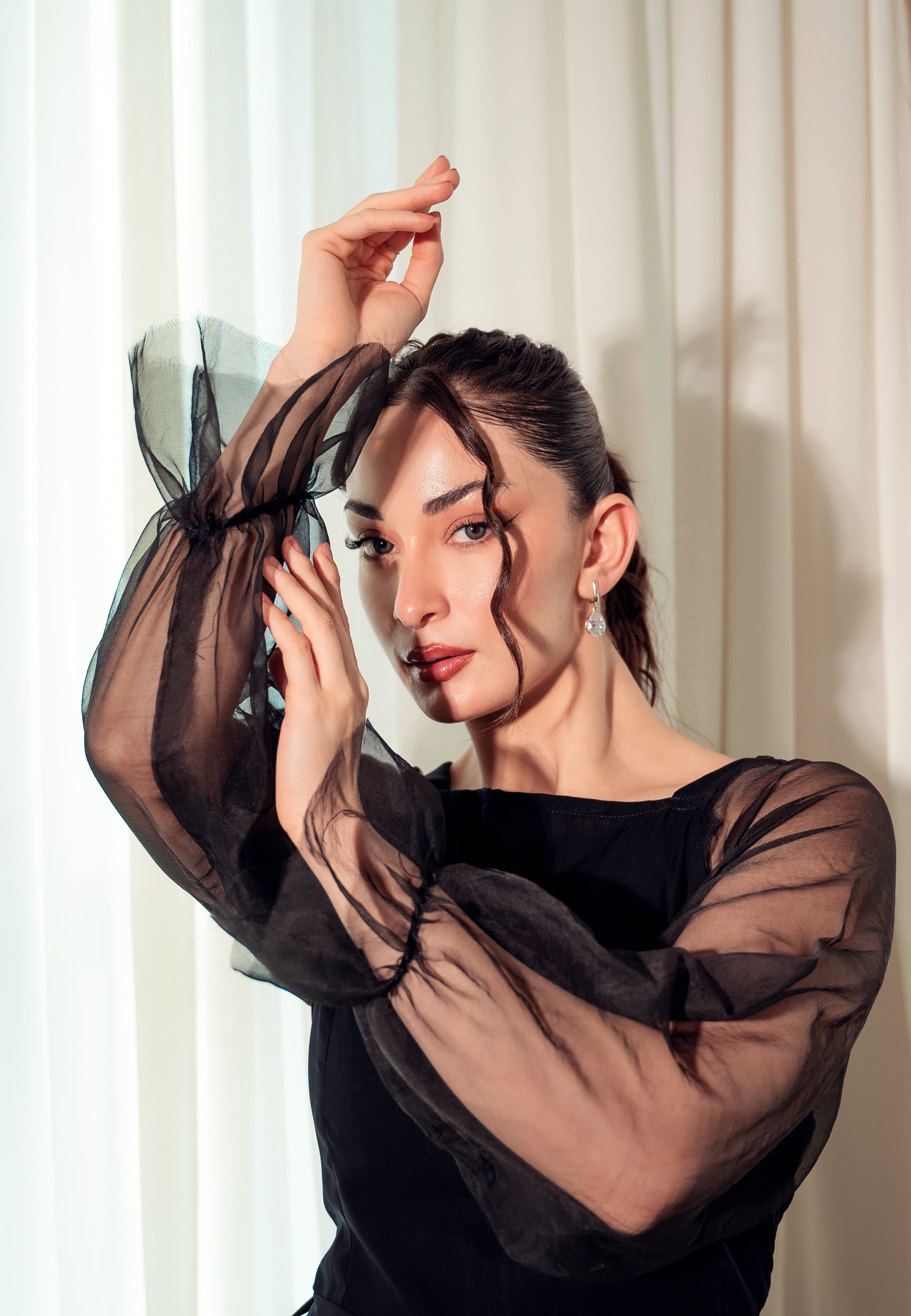 Organza Long Sleeve Bodycon Dress - Black