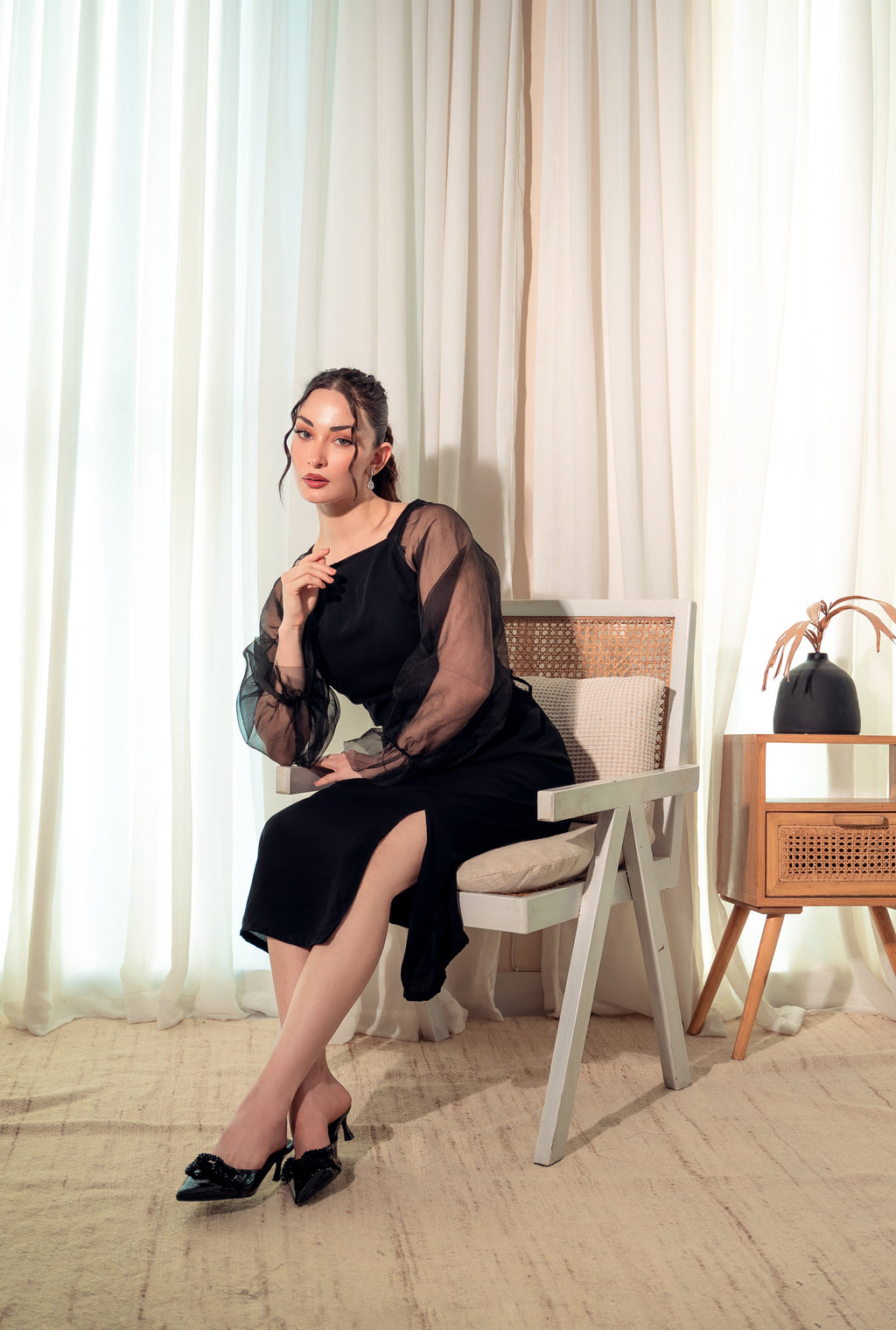 Organza Long Sleeve Bodycon Dress - Black