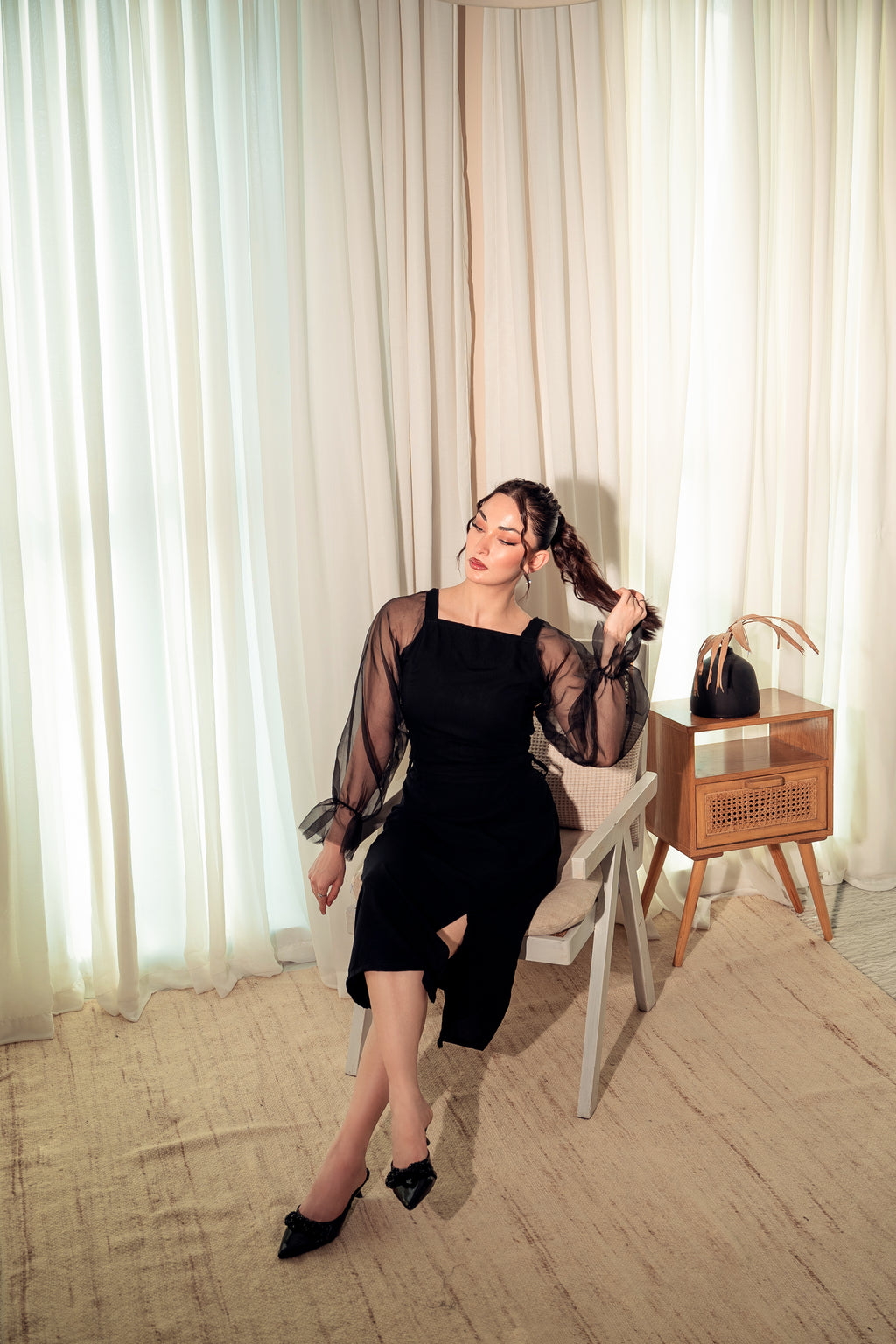 Organza Long Sleeve Bodycon Dress - Black