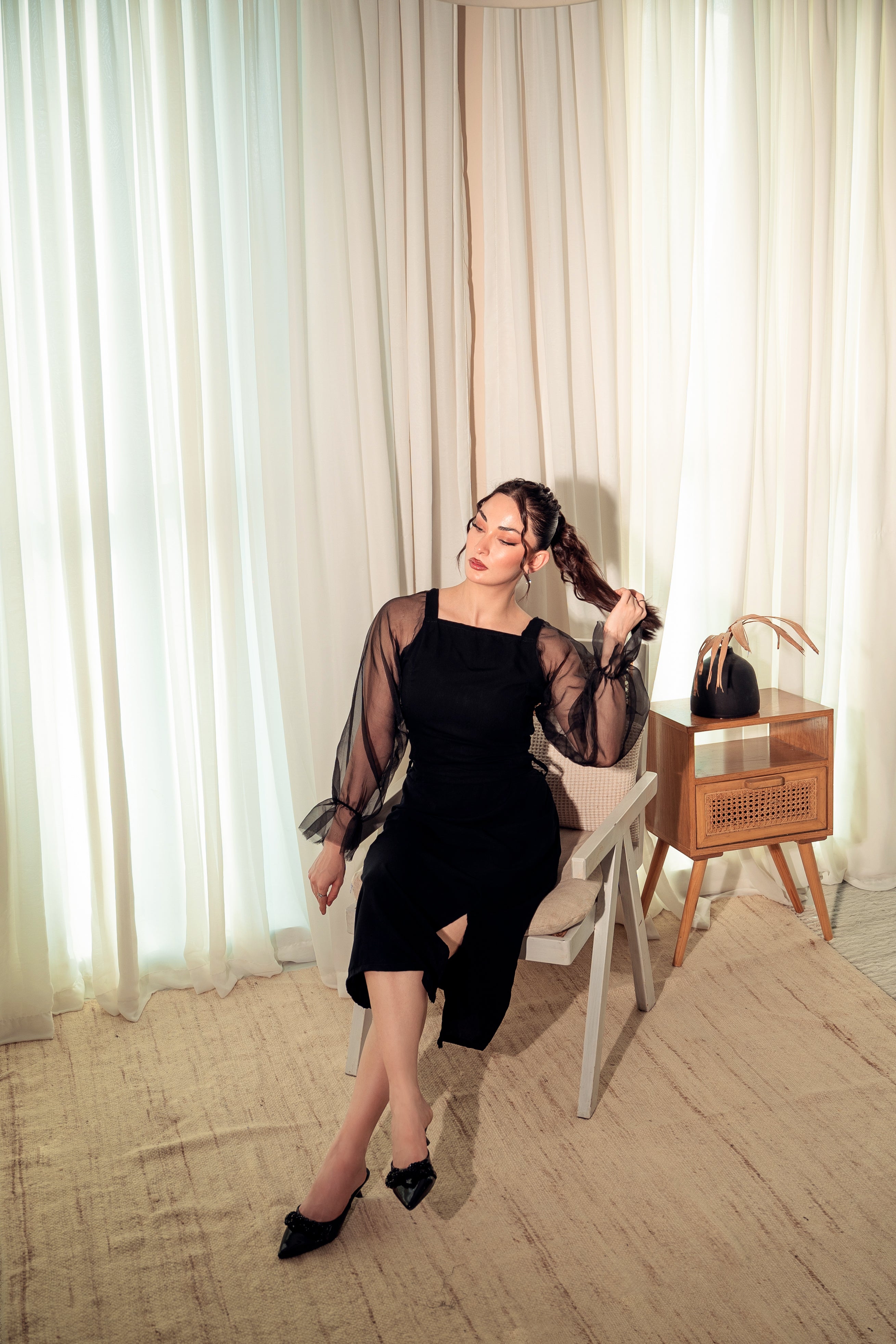 Organza Long Sleeve Bodycon Dress - Black