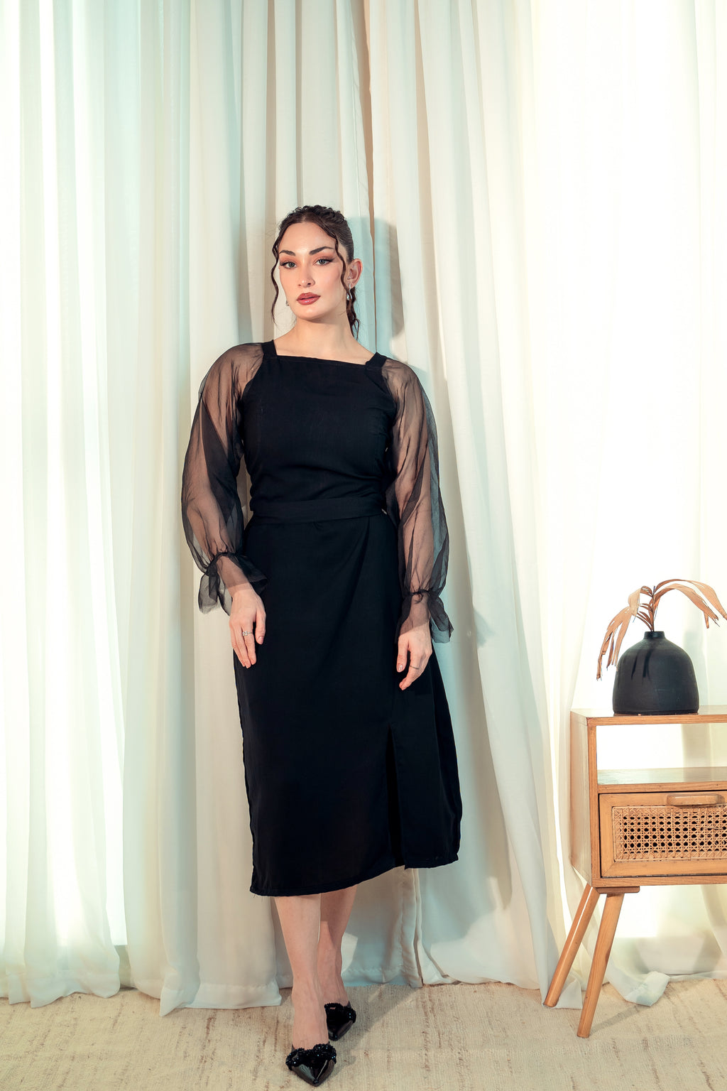 Organza Long Sleeve Bodycon Dress - Black