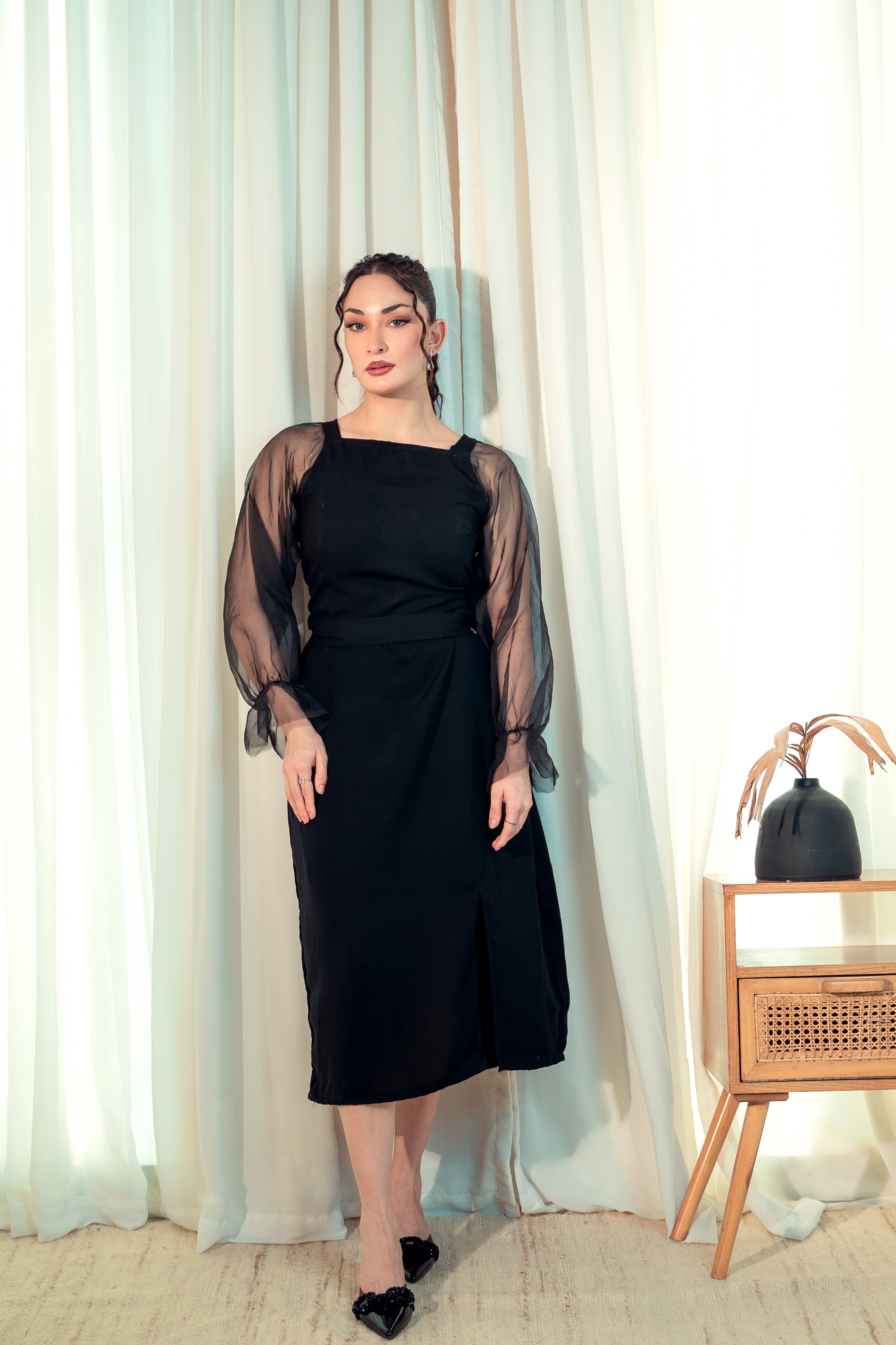 Organza Long Sleeve Bodycon Dress - Black